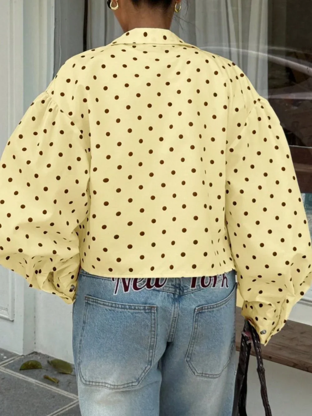 Light Yellow Casual Women's Polka Dot Zip-Up Long Sleeve Windbreaker